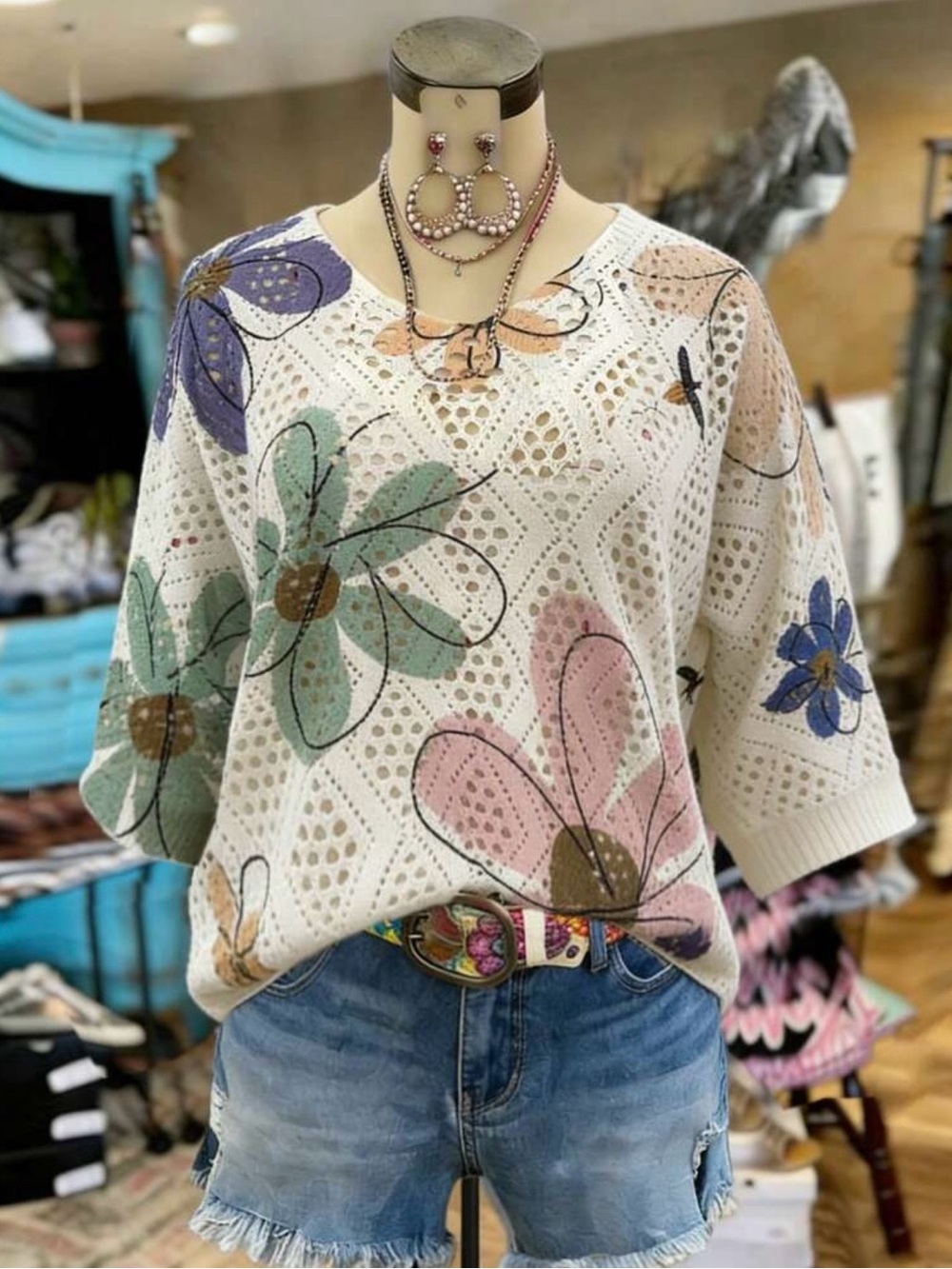 NEW! Floral Crochet Knit Top in Pastel Multi